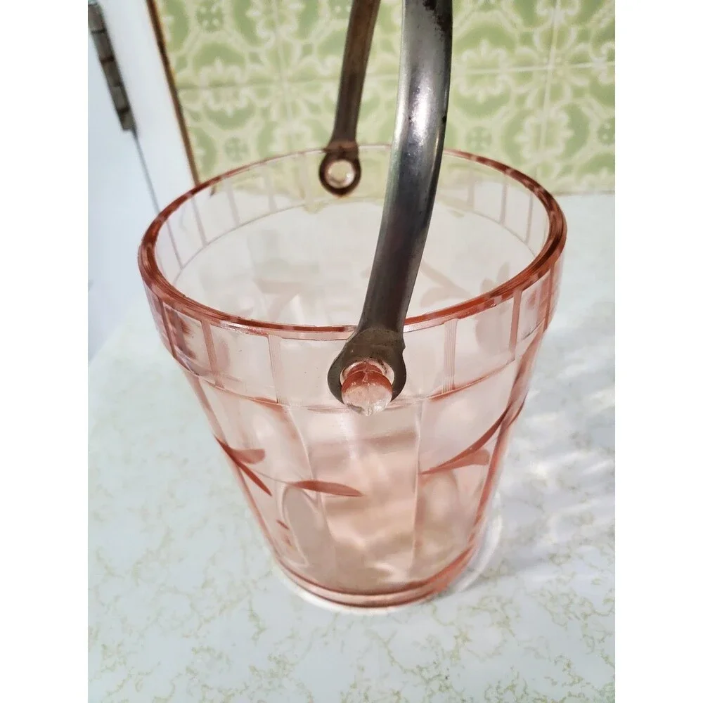 Vintage Pink Depression Glass Etched Floral Design Ice Bucket EUC